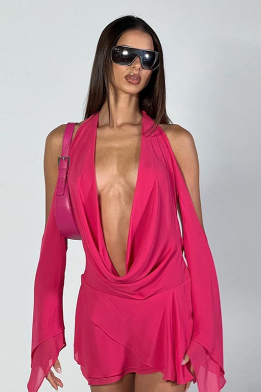 Chiffon Cowl Neck Plunge Long Sleeve Draped Flowy Mini Dress