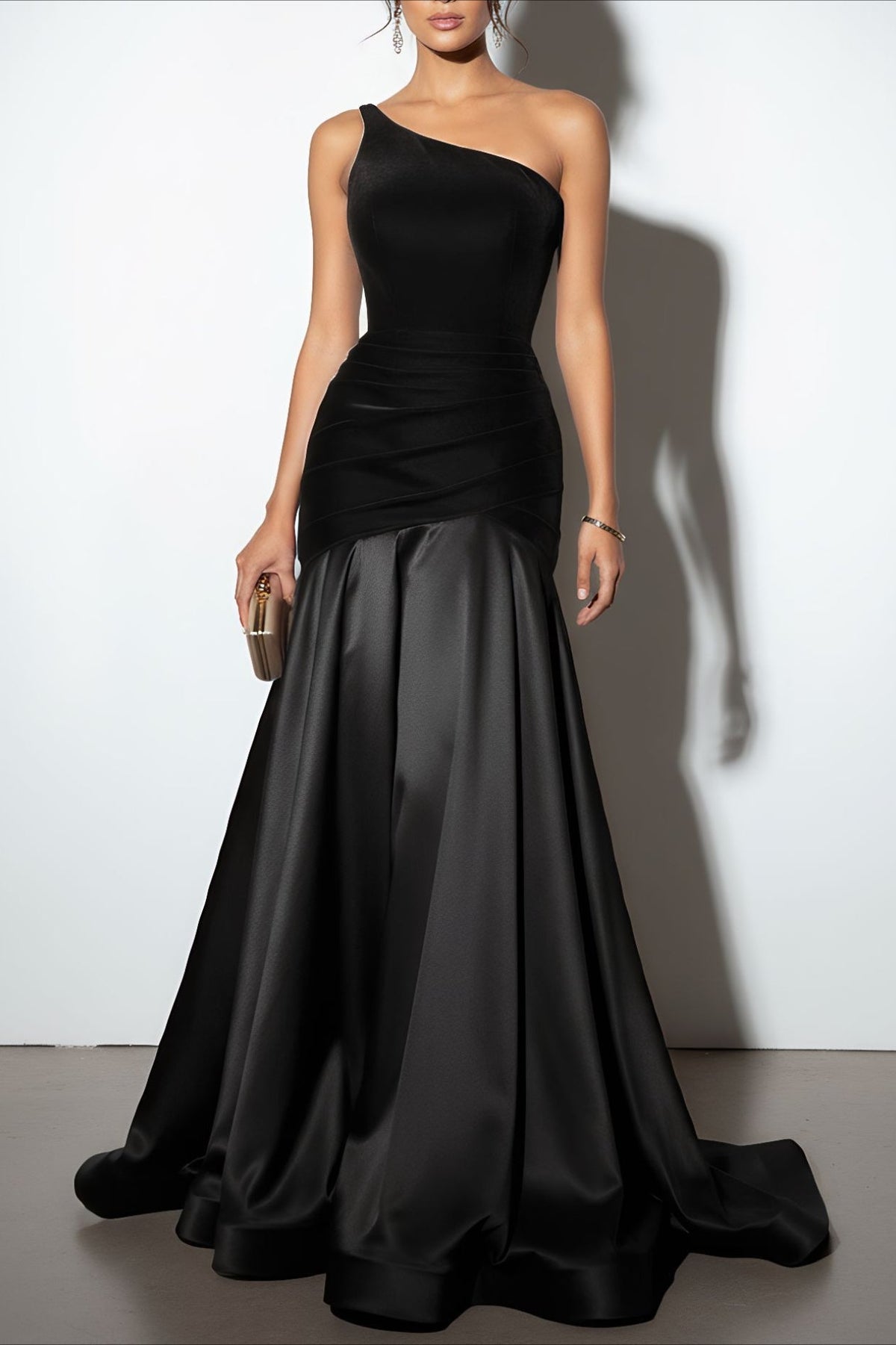 Velvet One Shoulder Ruched Mermaid Gown - View 2