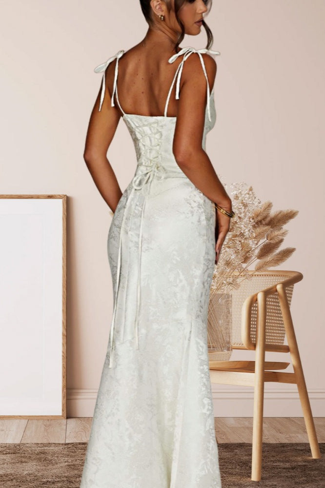Square Neck Tie Strap Jacquard Mermaid Maxi Dress 9