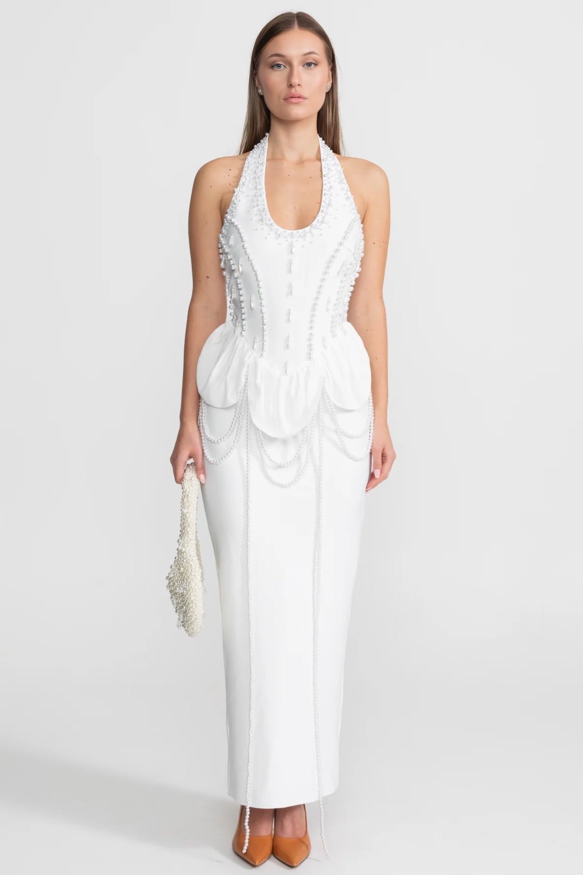 Embellished Halter Maxi Dress With Gathered Peplum Detail – White - View 3