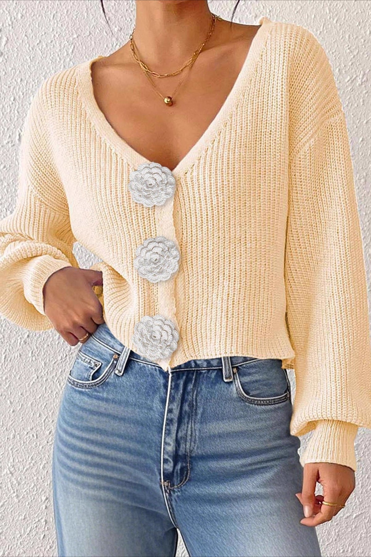 Button Front Crochet Knit Crop Sweater