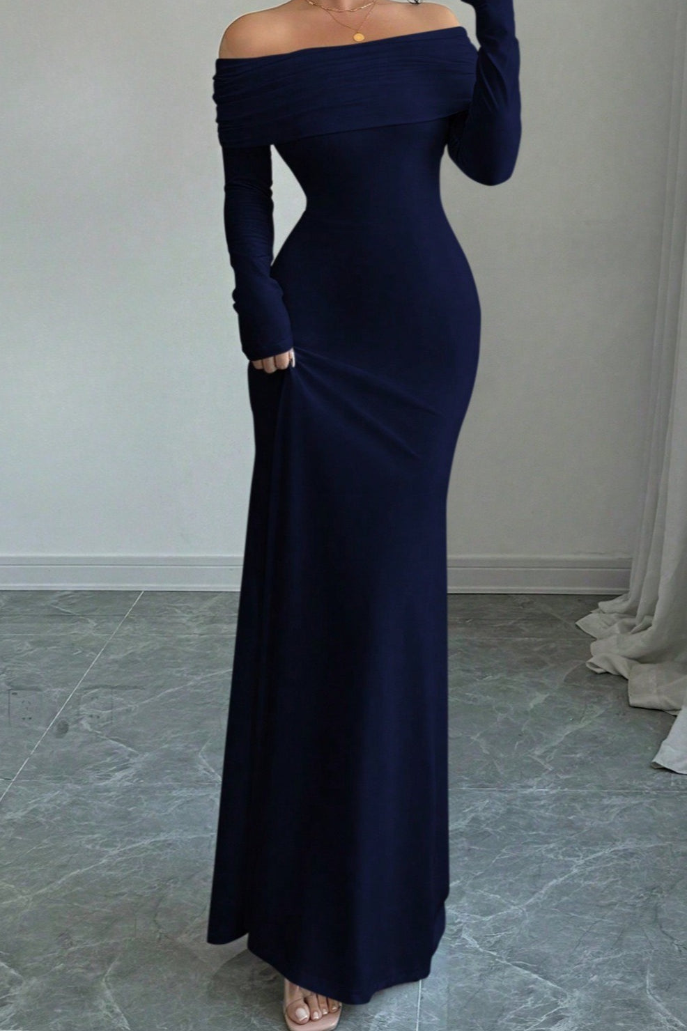 Off Shoulder Long Sleeve Ruched Mermaid Maxi Dress - View 8