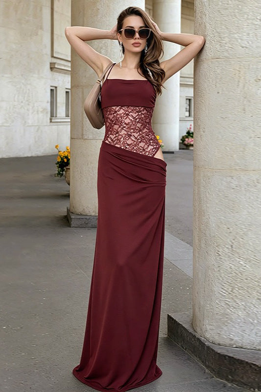 Square Neck Spaghetti Strap Lace Corset Ruched Mermaid Maxi Dress 3