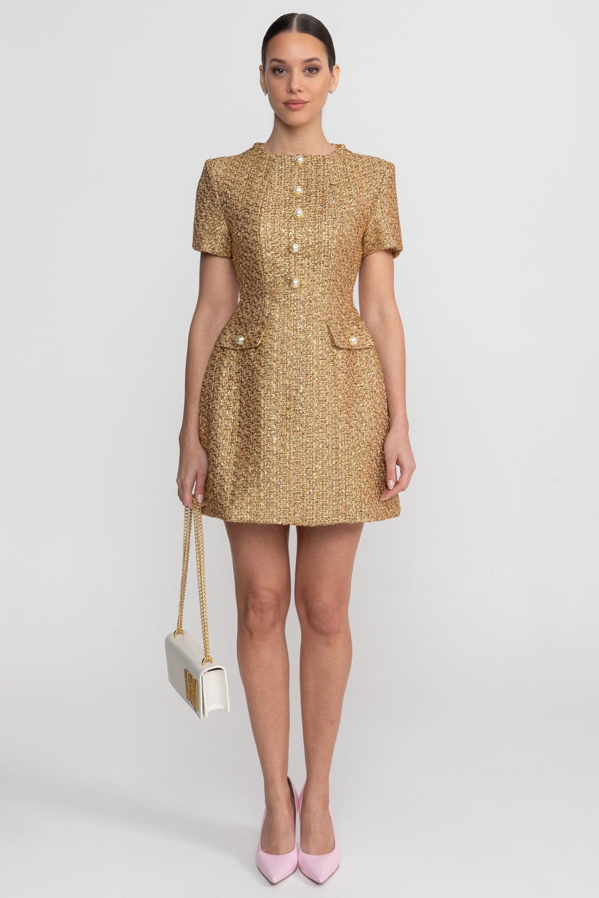 Tweed Mock Neck Short Sleeve Pearl Button A-Line Mini Dress - View 3