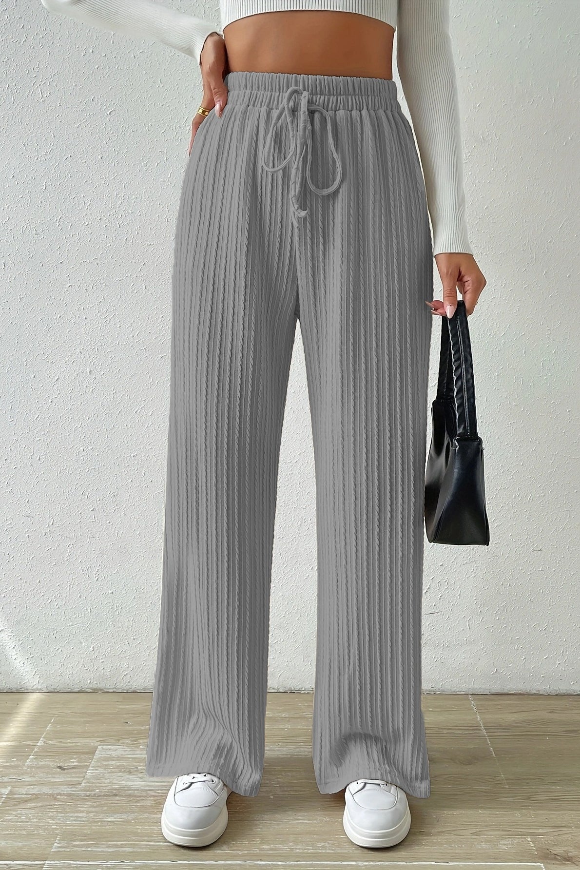 Elastic High Waist Solid Straight Leg Knit Pants