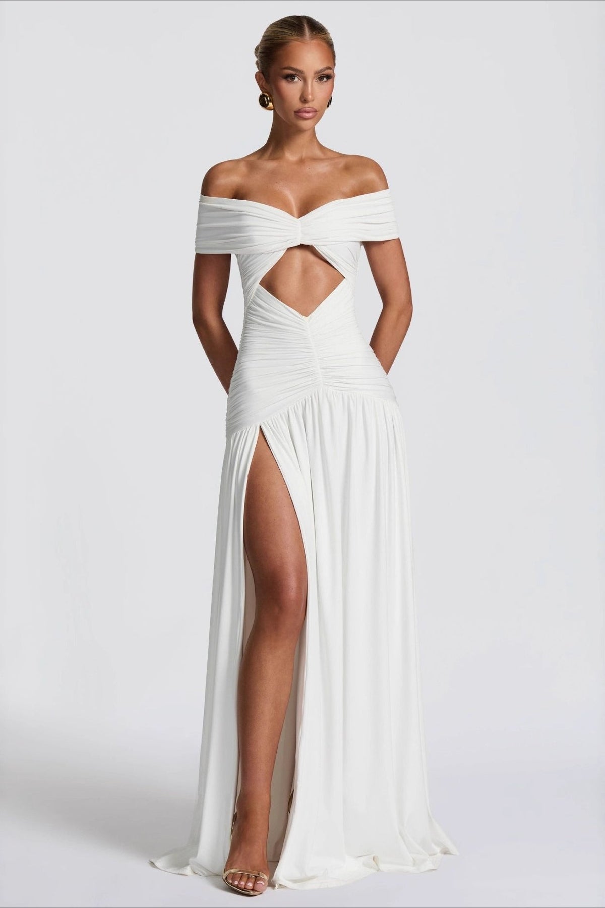 Off Shoulder Sweetheart Cut Out Ruched High Split Maxi Gown 4