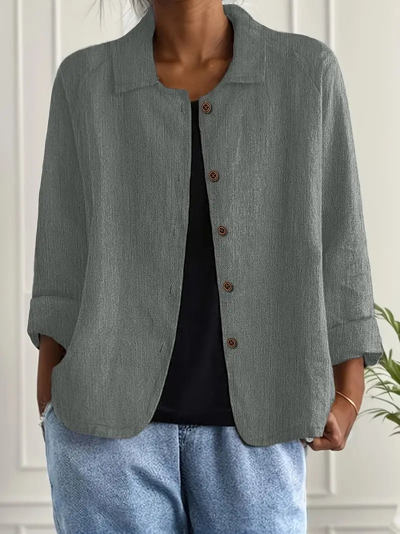 Collared Long Sleeve Button Front Linen Look Shirt 5