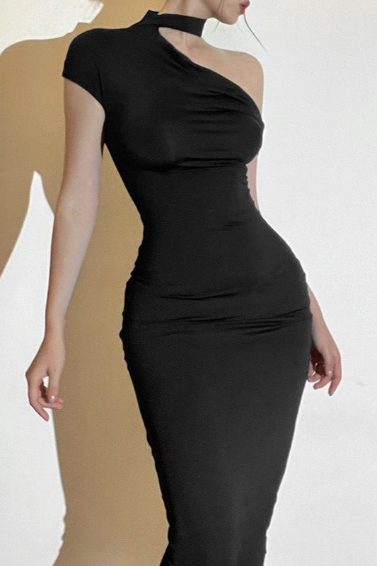 Velvet One Shoulder Choker Neck Bodycon Midi Party Dress - View 5