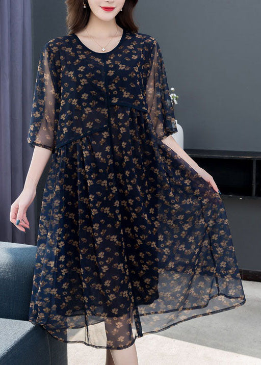 Floral Print Chiffon Round Neck Elbow Sleeve Sheer Midi Dress