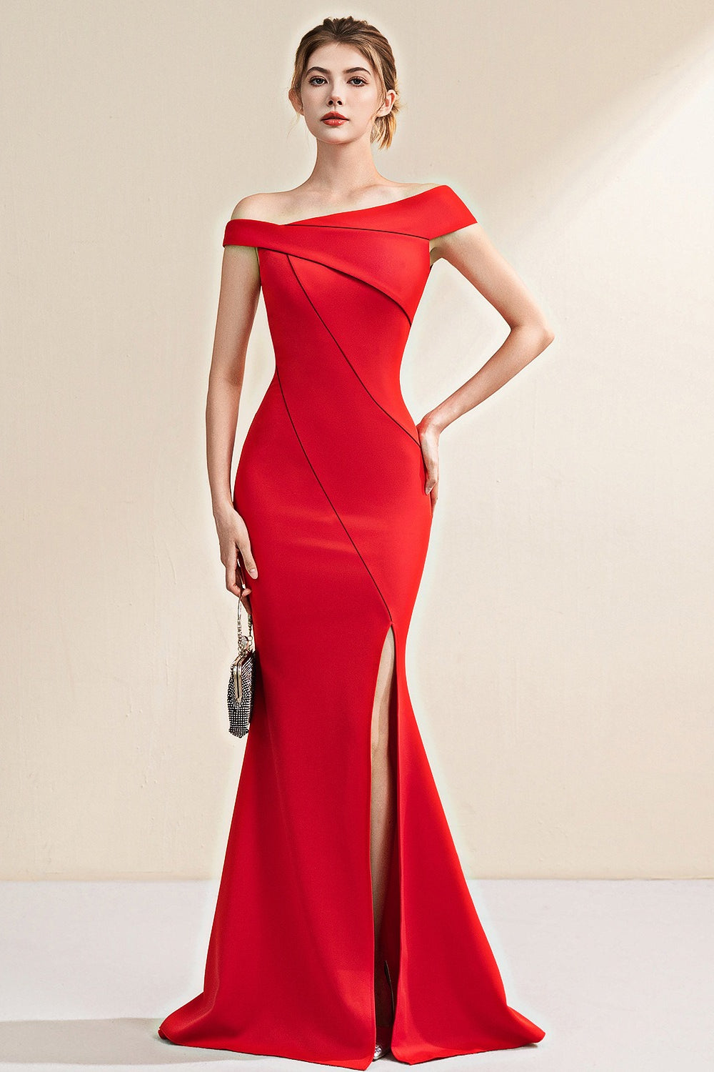 Off Shoulder Wrap High Split Mermaid Gown - View 4