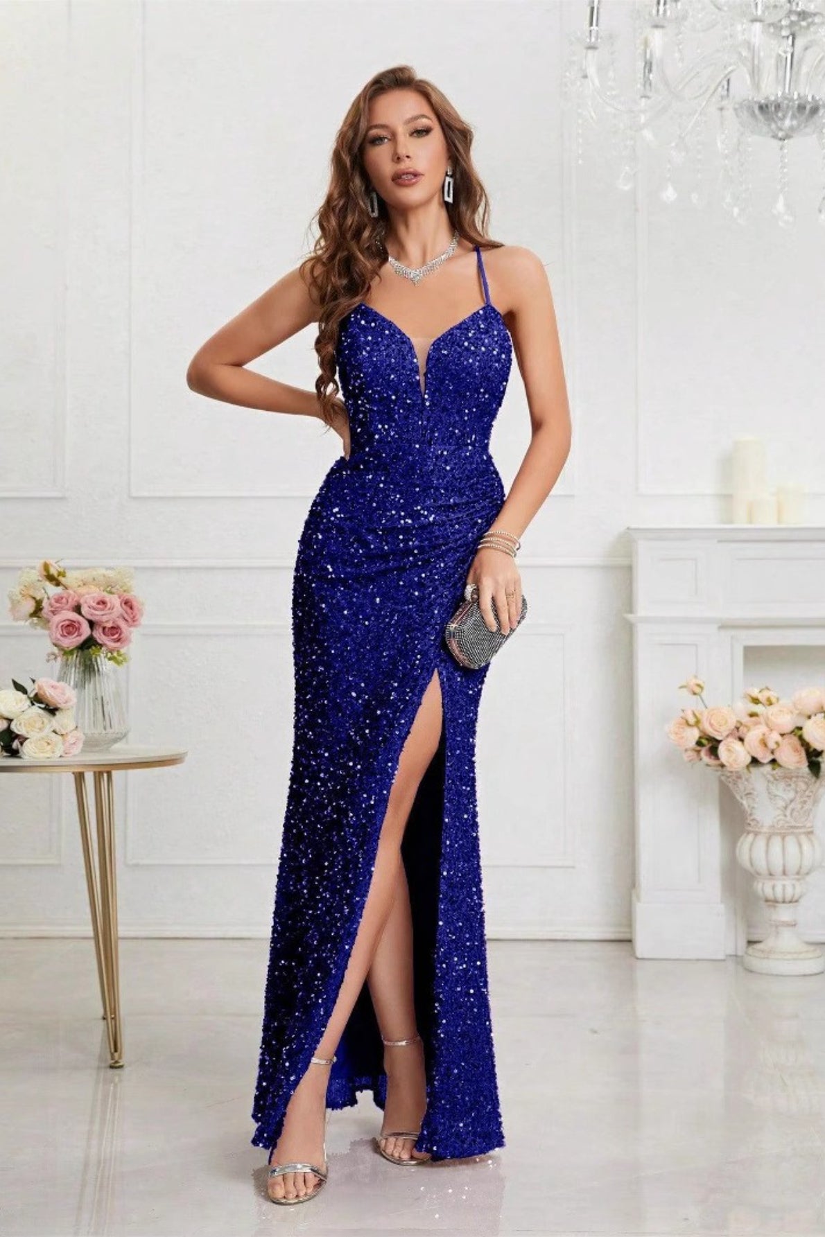 Sequin Spaghetti Strap V-Neck High Split Ruched Maxi Prom Dress - View 7