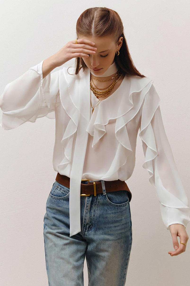 V Neck Ruffle Sleeve Blouse