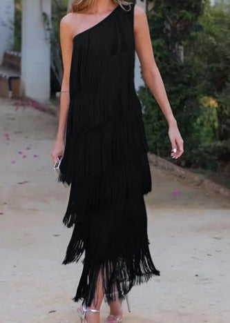 One Shoulder Tiered Fringe Midi Dress - View 2