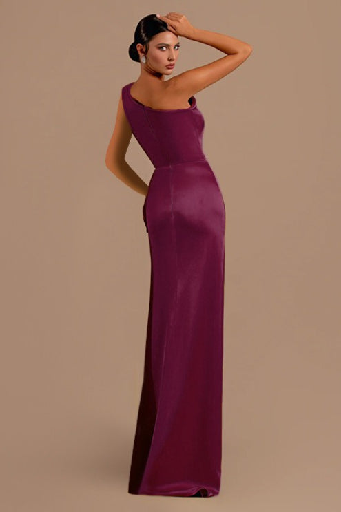 One Shoulder Slit Satin Evening Wrap Dress
