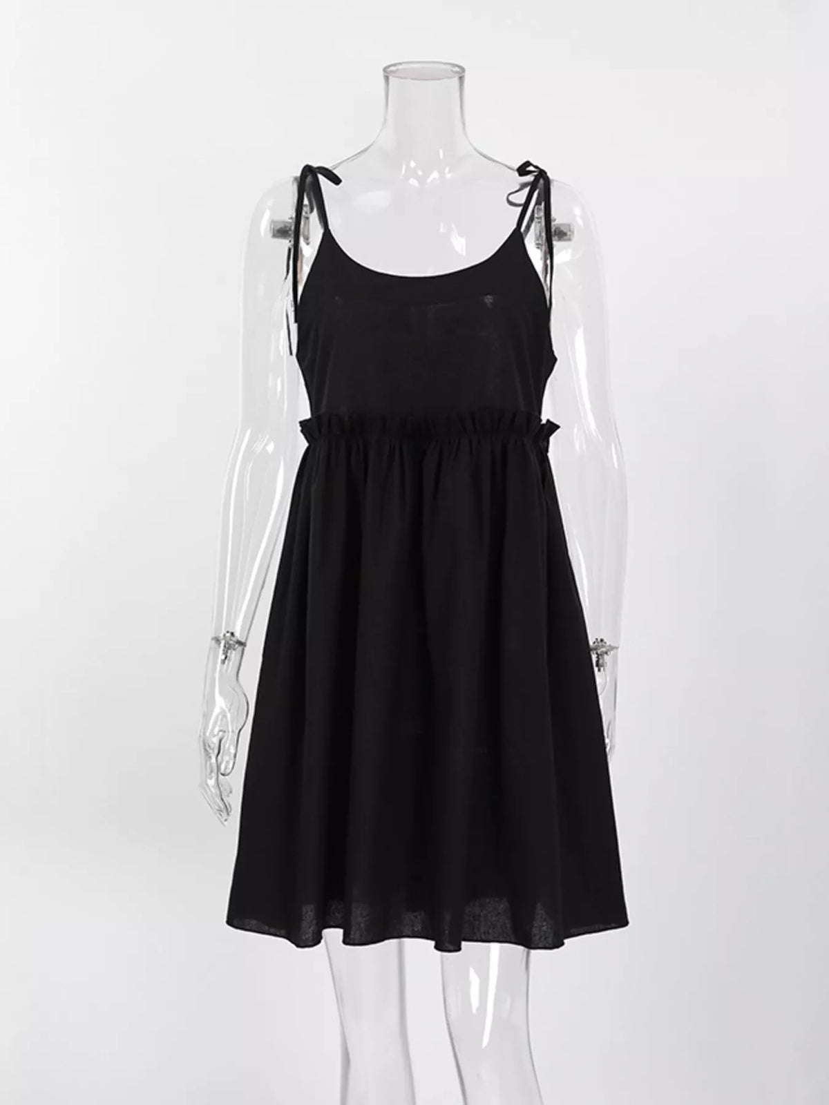Tie Strap Scoop Neck Ruffle Waist Linen Look Mini Dress 22