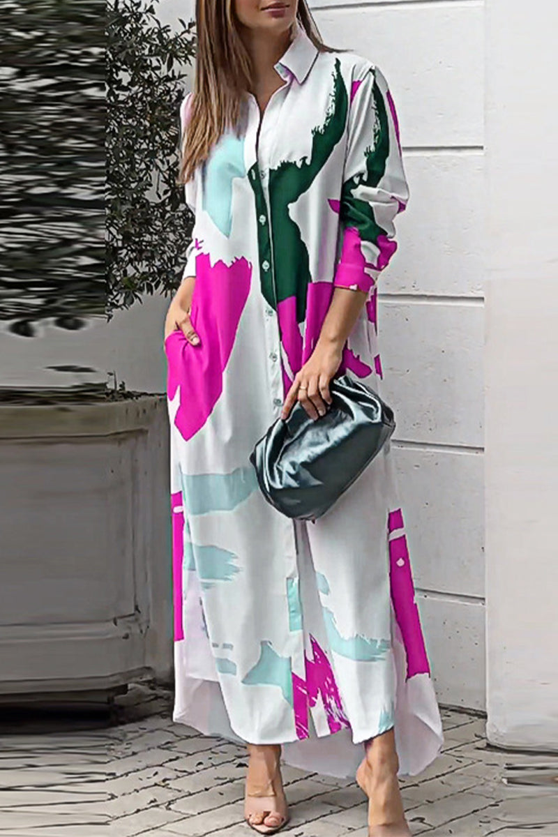 Collared Button Front Long Sleeve Pocket Slit Maxi Shirt Dress - View 3
