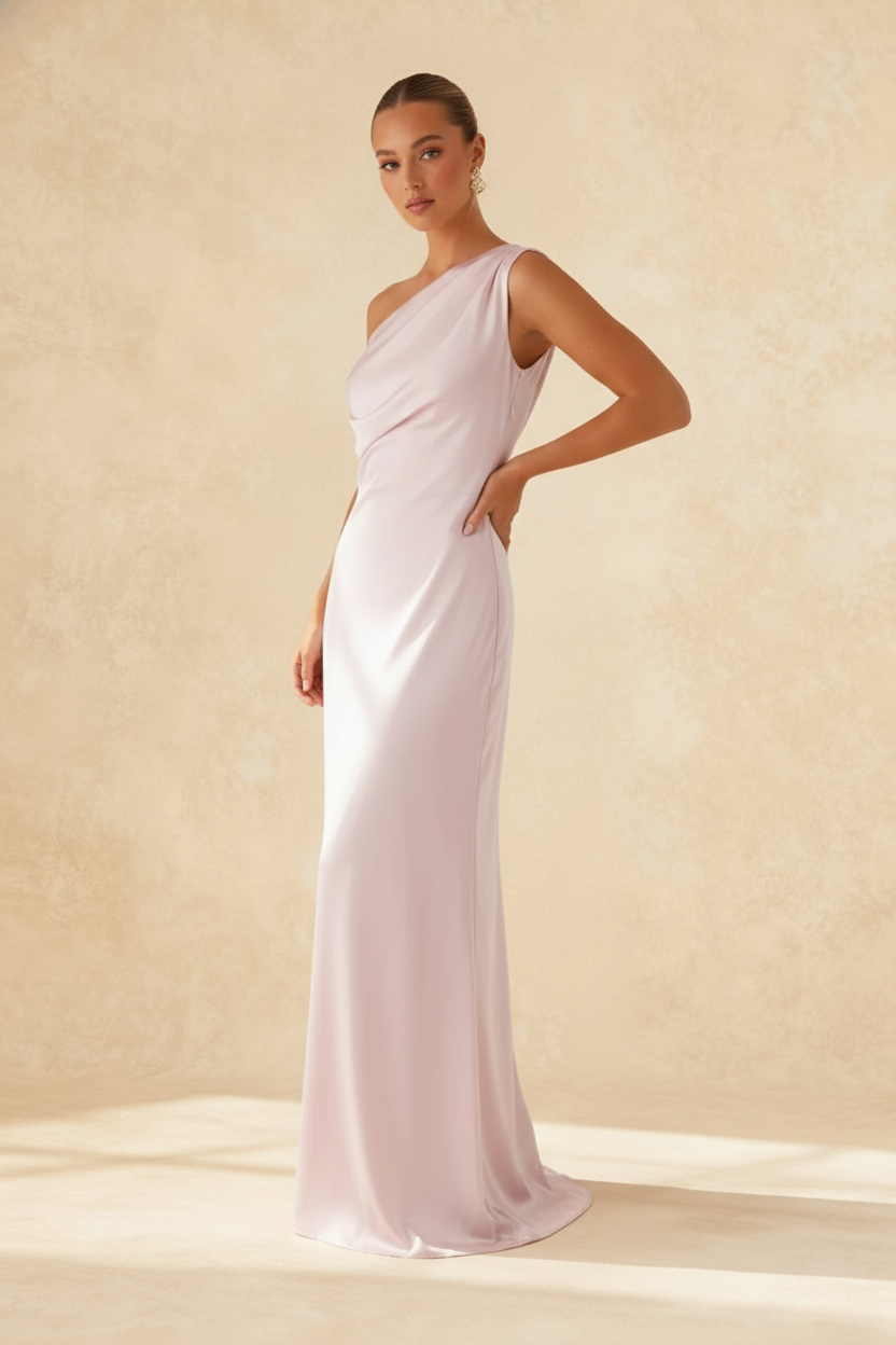 Satin One Shoulder Draped Mermaid Gown - View 11