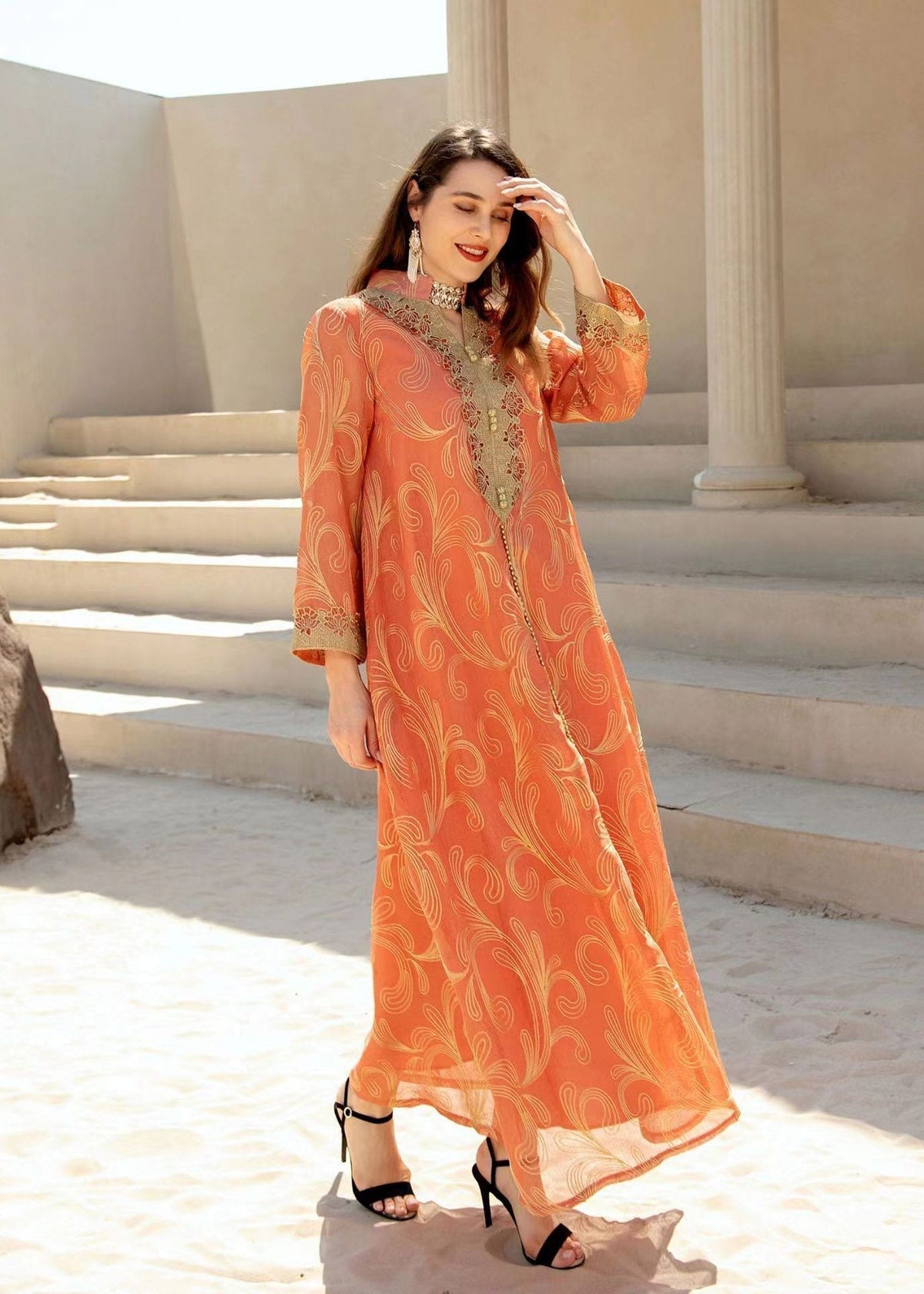 Embroidered Stand Collar Scroll Print Long Sleeve Maxi Dress