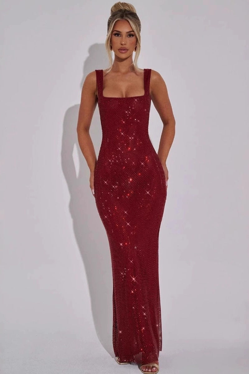 Rhinestone Mesh Square Neck Bodycon Maxi Dress - View 5