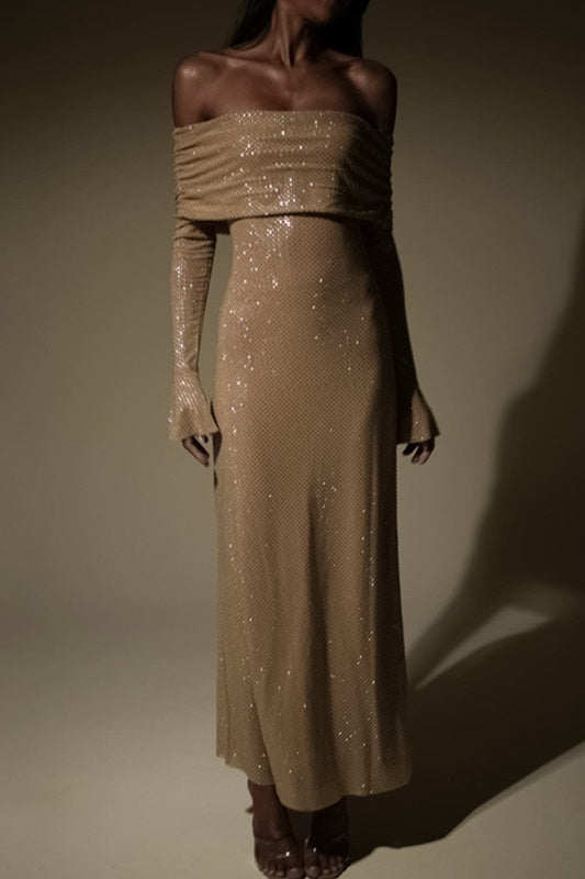 Rhinestone Off Shoulder Long Sleeve Bodycon Midi Dress - View 4