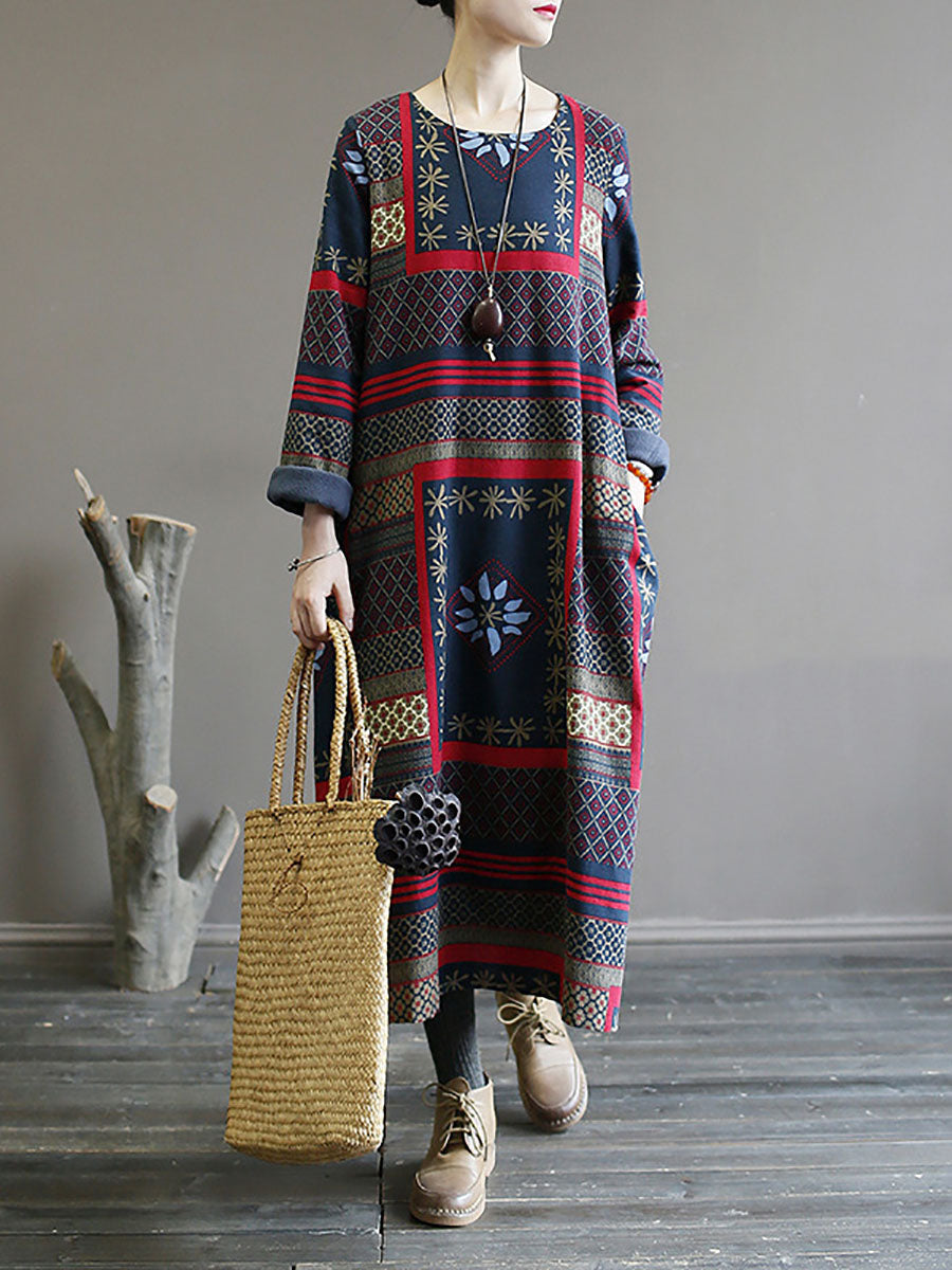 Folk Patchwork Print Long Sleeve Contrast Cuff Crew Neck Maxi Dress - View 3