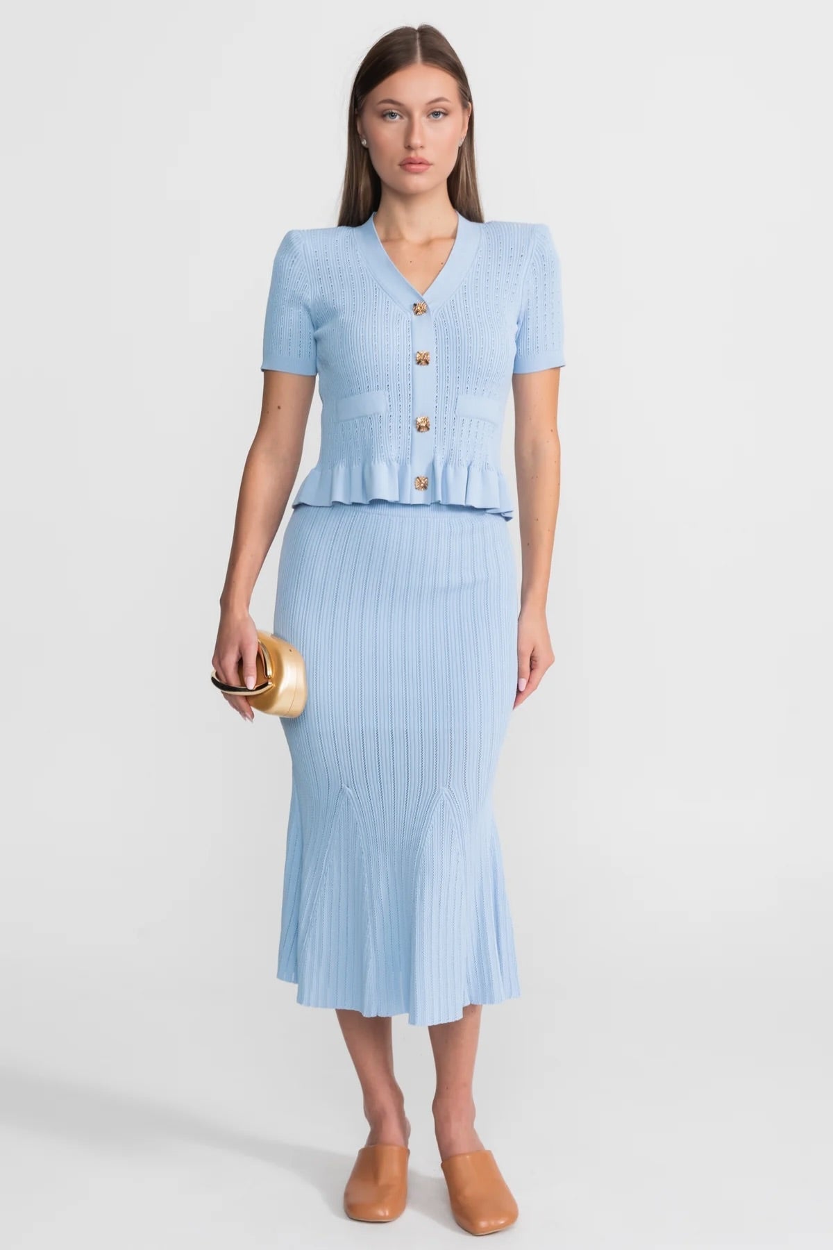 Knit Midi Co-Ord with Peplum Waist and Gold Buttons  – Baby Blue