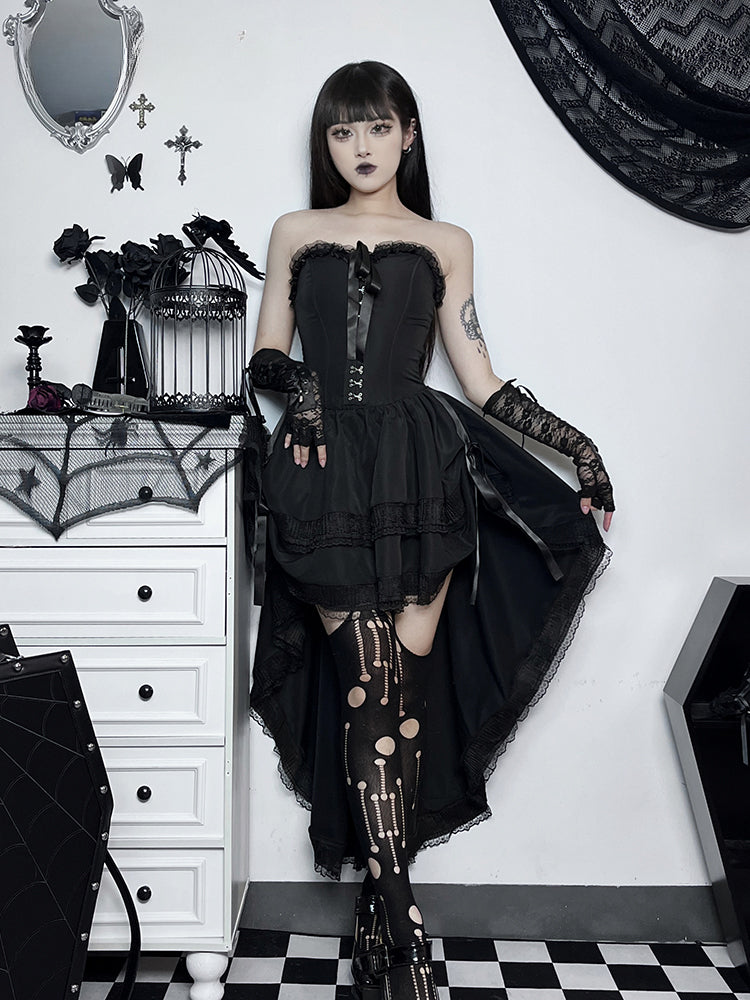 Corset Strapless Lace Trim High Low Ruffle Dress
