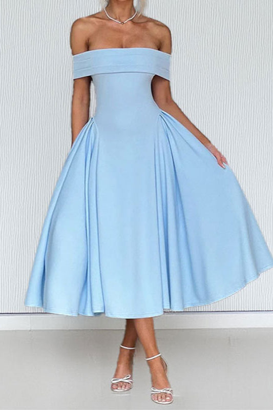 Off Shoulder Pleated Fit and Flare Midi Party Dress - View 8