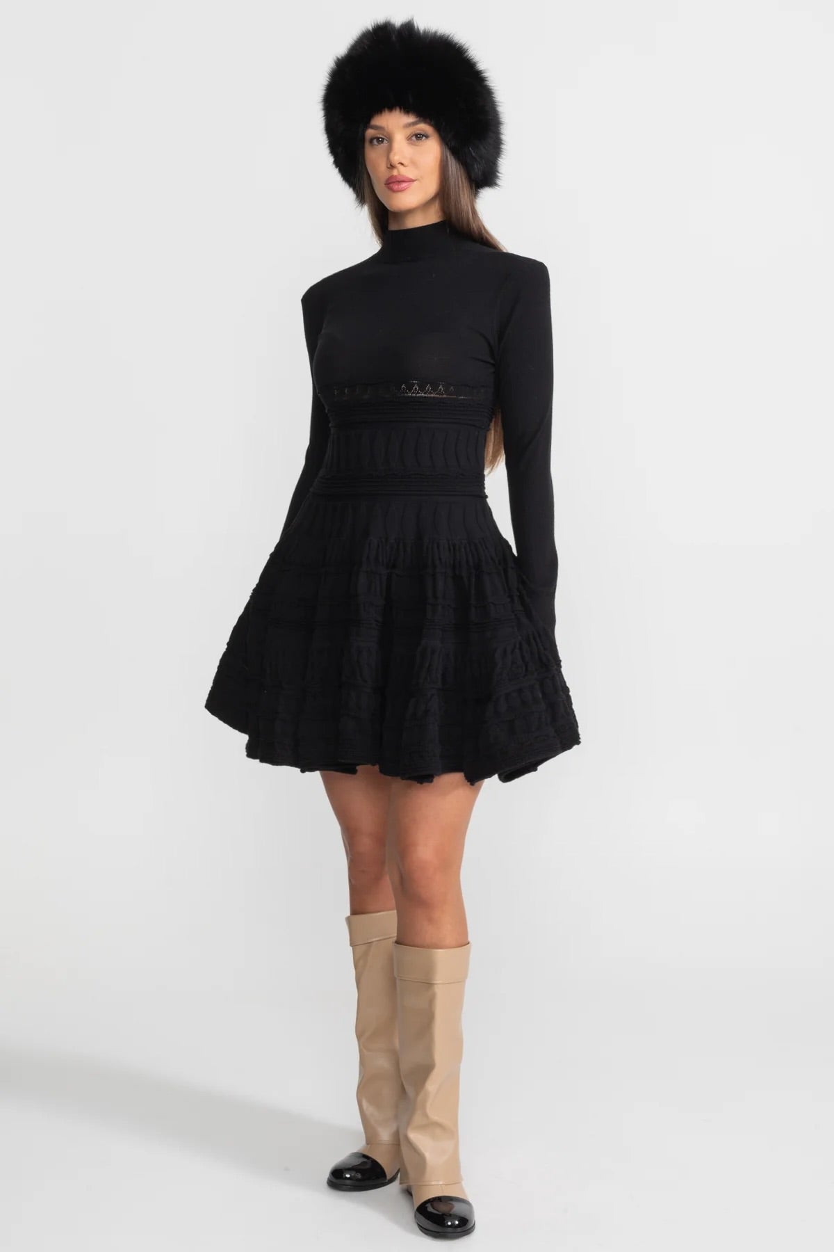Textured Knit Mini Dress with Flared Skirt - Black - View 3