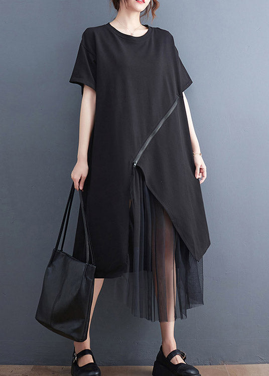Diagonal Zip Mesh Layer Asymmetrical Hem Short Sleeve Midi Dress