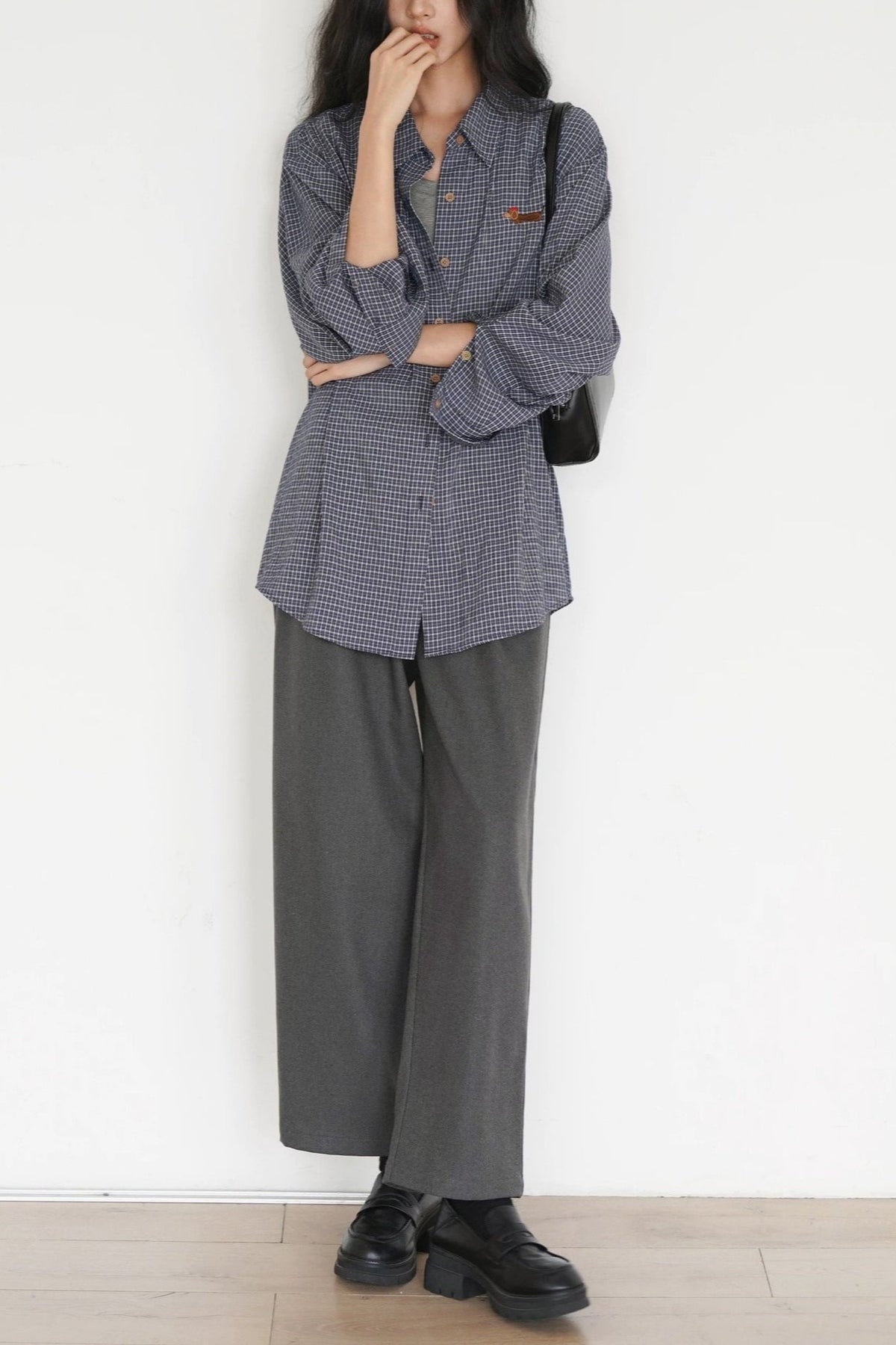 Checked Collared Long Sleeve Dog Embroidered Oversized Shirt 5
