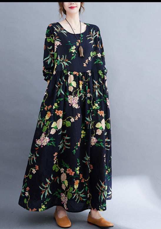 Floral Print Round Neck Long Sleeve Empire Waist Oversized Maxi Dress - View 2
