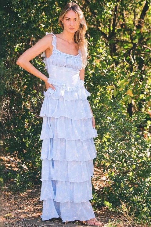Floral Square Neck Ruffle Strap Tiered Maxi Prom Dress