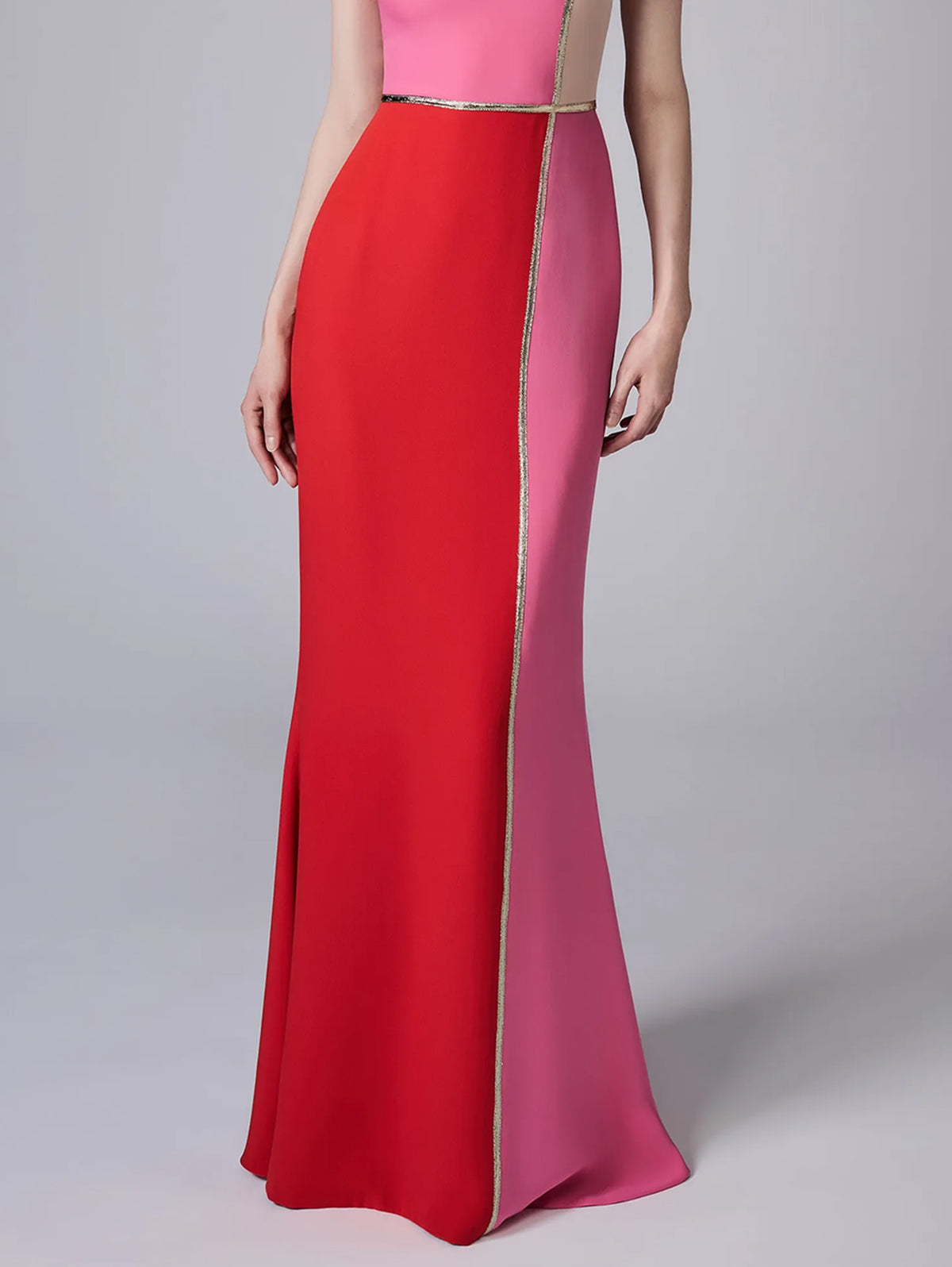 Sleeveless Color Block Contrast Piping Bodycon Mermaid Hem Maxi Gown - View 4