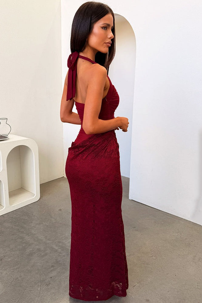 Backless Halter-Neck Lace Sheer Mesh Dress