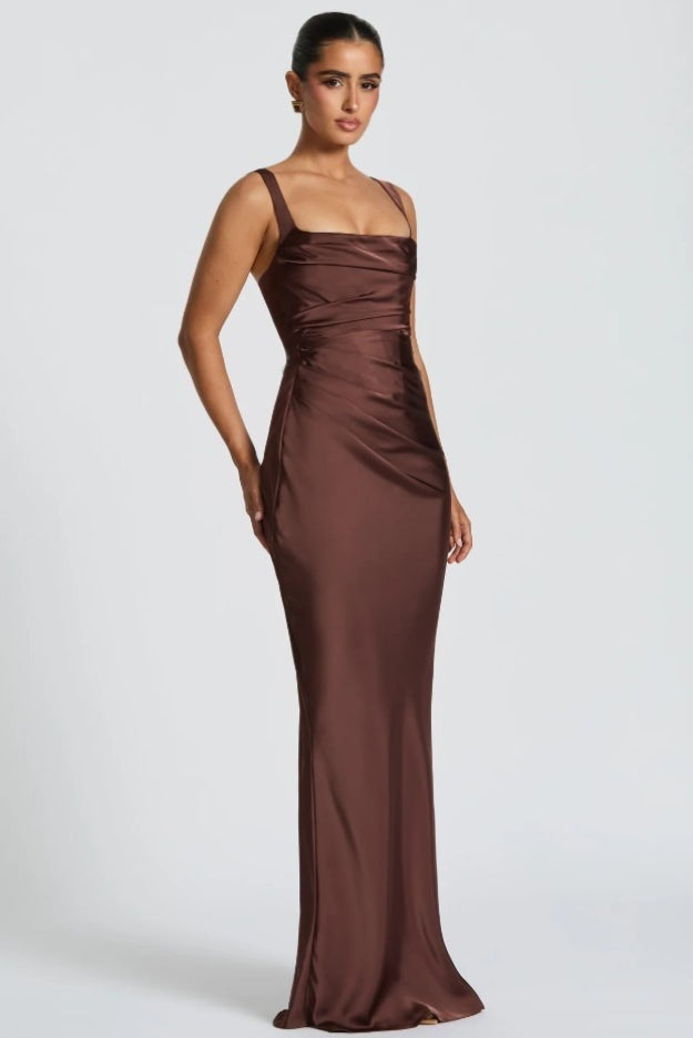 Square Neck Ruched Satin Bodycon Mermaid Dress - View 8