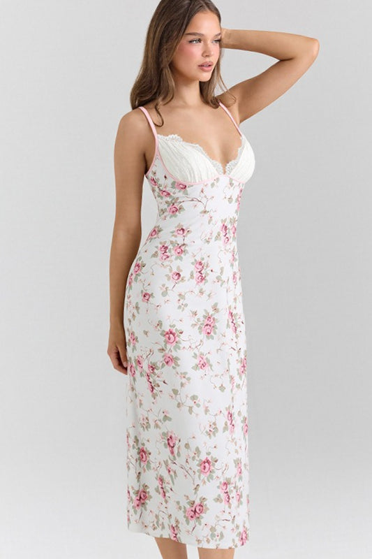 Floral Spaghetti Strap Lace Trim Sweetheart Slip Maxi Dress - View 8
