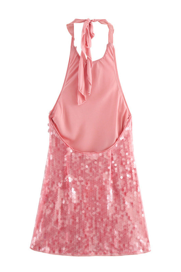 Disc Sequin Halter Neck Ruched Bodycon Mini Dress in Pink - View 6