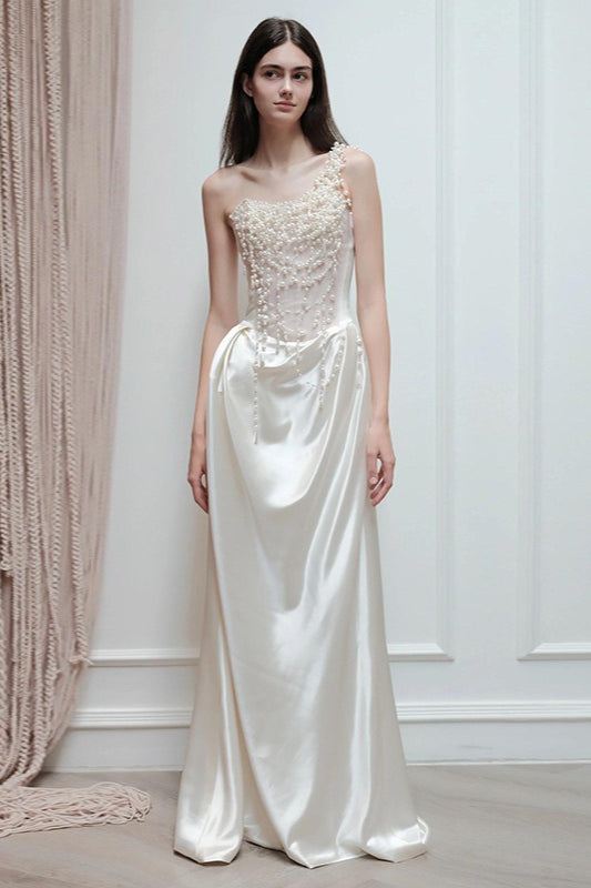 One Shoulder Pearl Beaded Corset Satin Maxi Gown 2