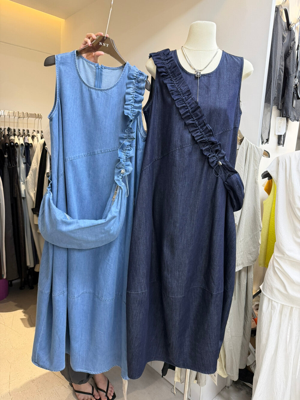 Denim Sleeveless Ruffle Trim A-Line Maxi Dress 4