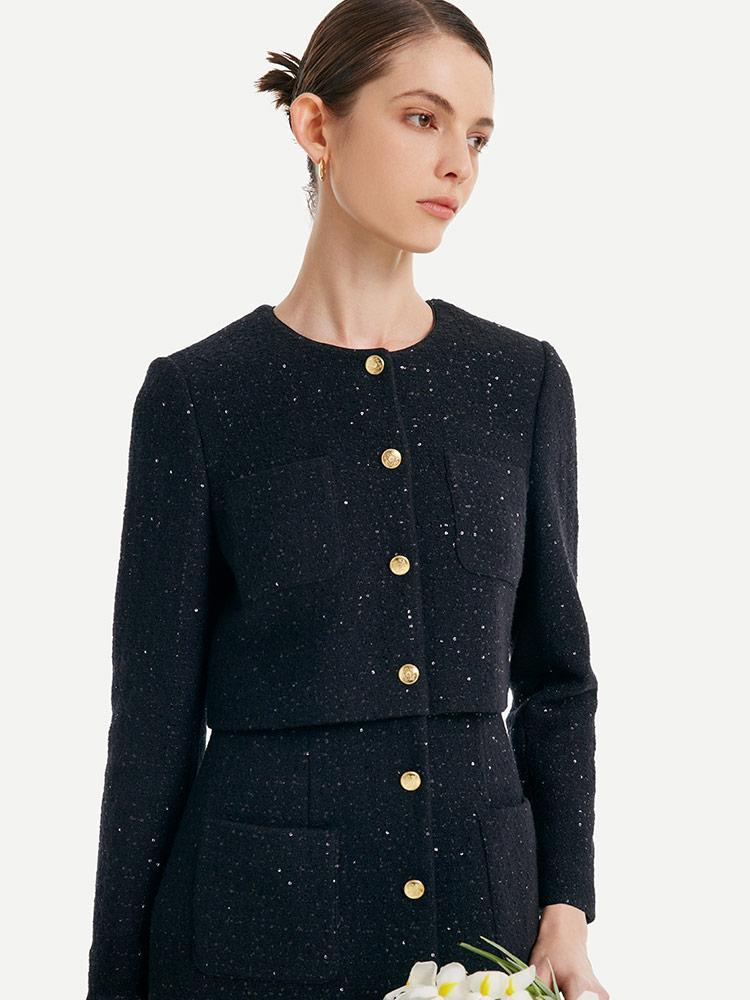 Tweed Collarless Button Front Patch Pocket Long Sleeve Mini Coat Dress - View 4