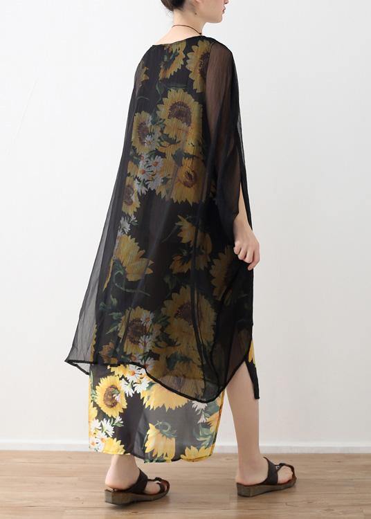 Faux Two-Piece Sunflower Print Sheer Overlay Kimono Sleeve Maxi Dress - View 4
