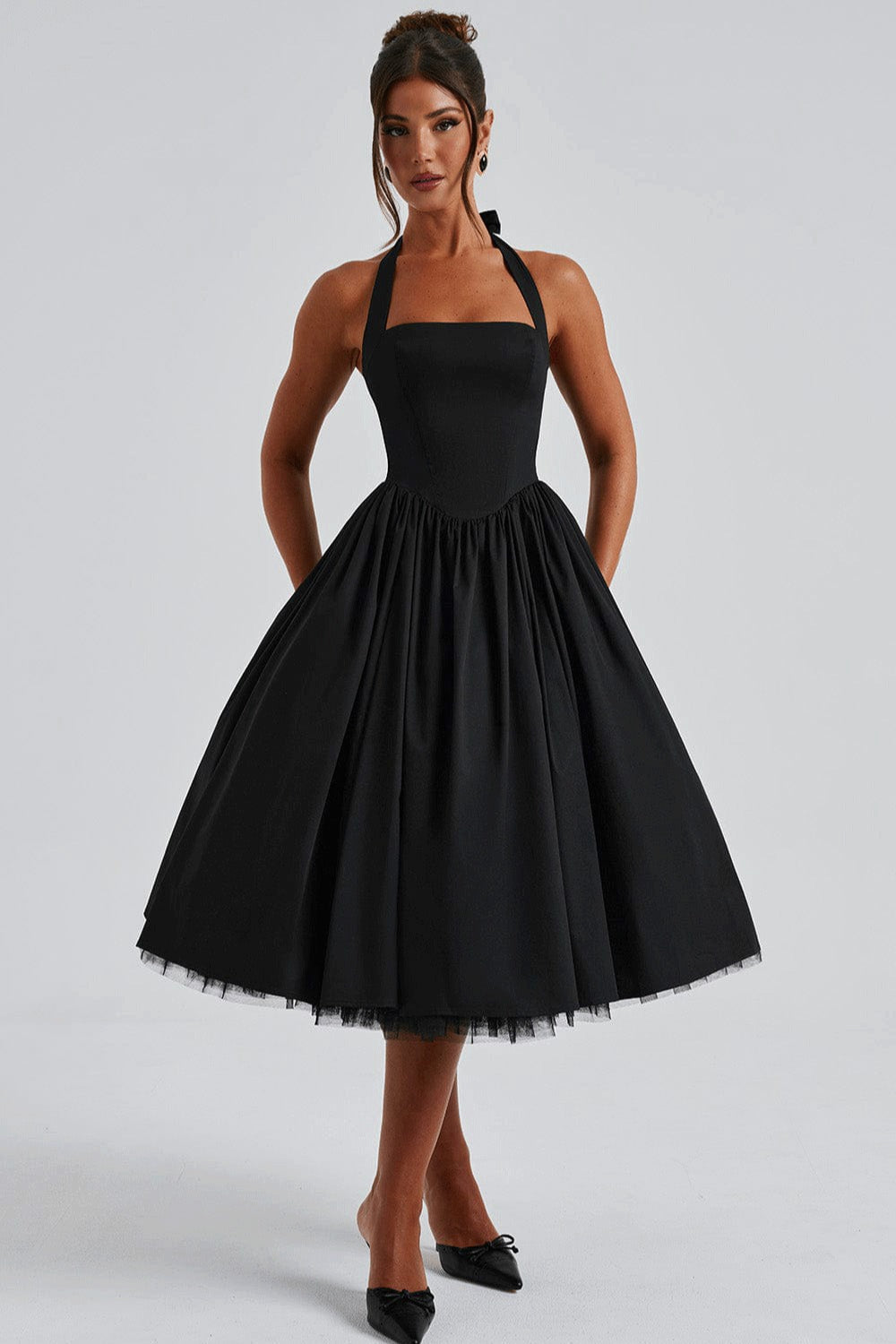 Halter Neck Basque Waist Pocket Gathered A-Line Midi Party Dress - View 5