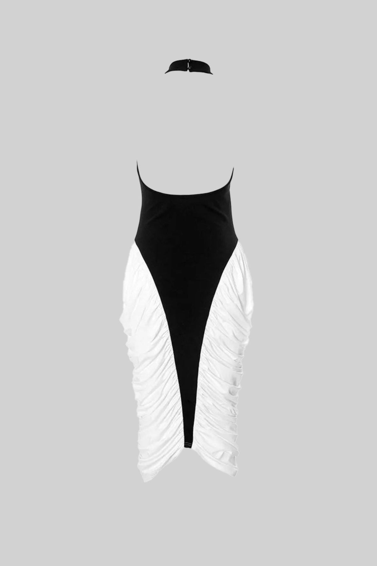 Two-Tone Ruched Halter Midi Dress – Black & White - View 3