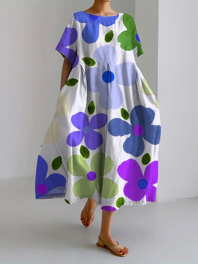 Floral Print Round Neck Short Sleeve Pocket Midi Dress 4