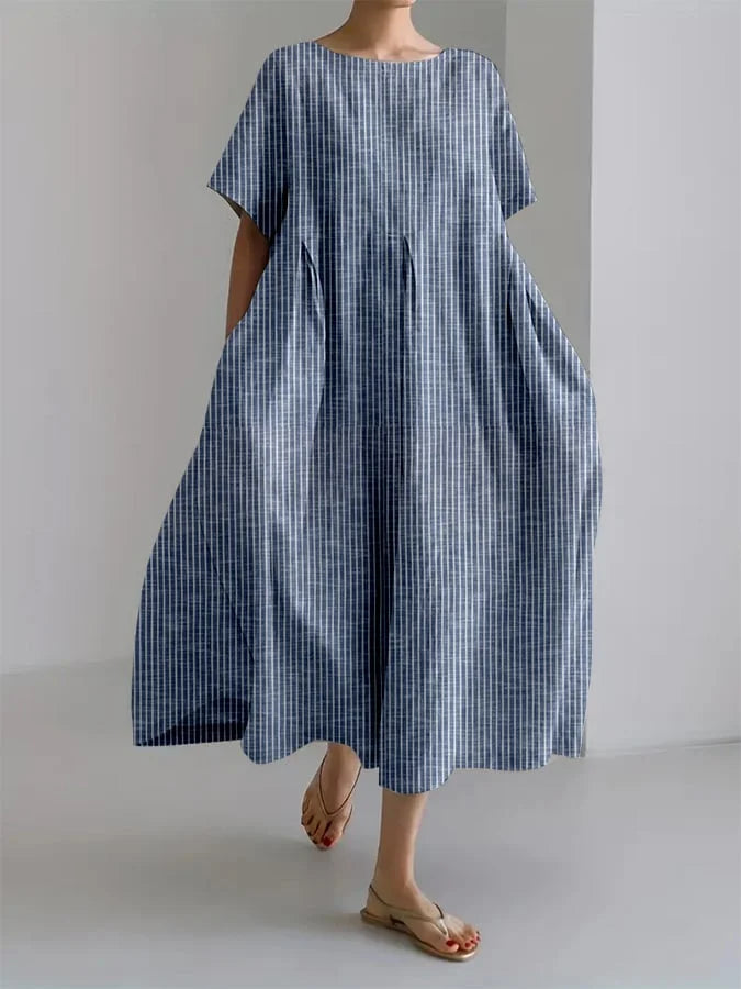 Striped Round Neck Short Sleeve Pocket A-Line Midi Dress Summer 2