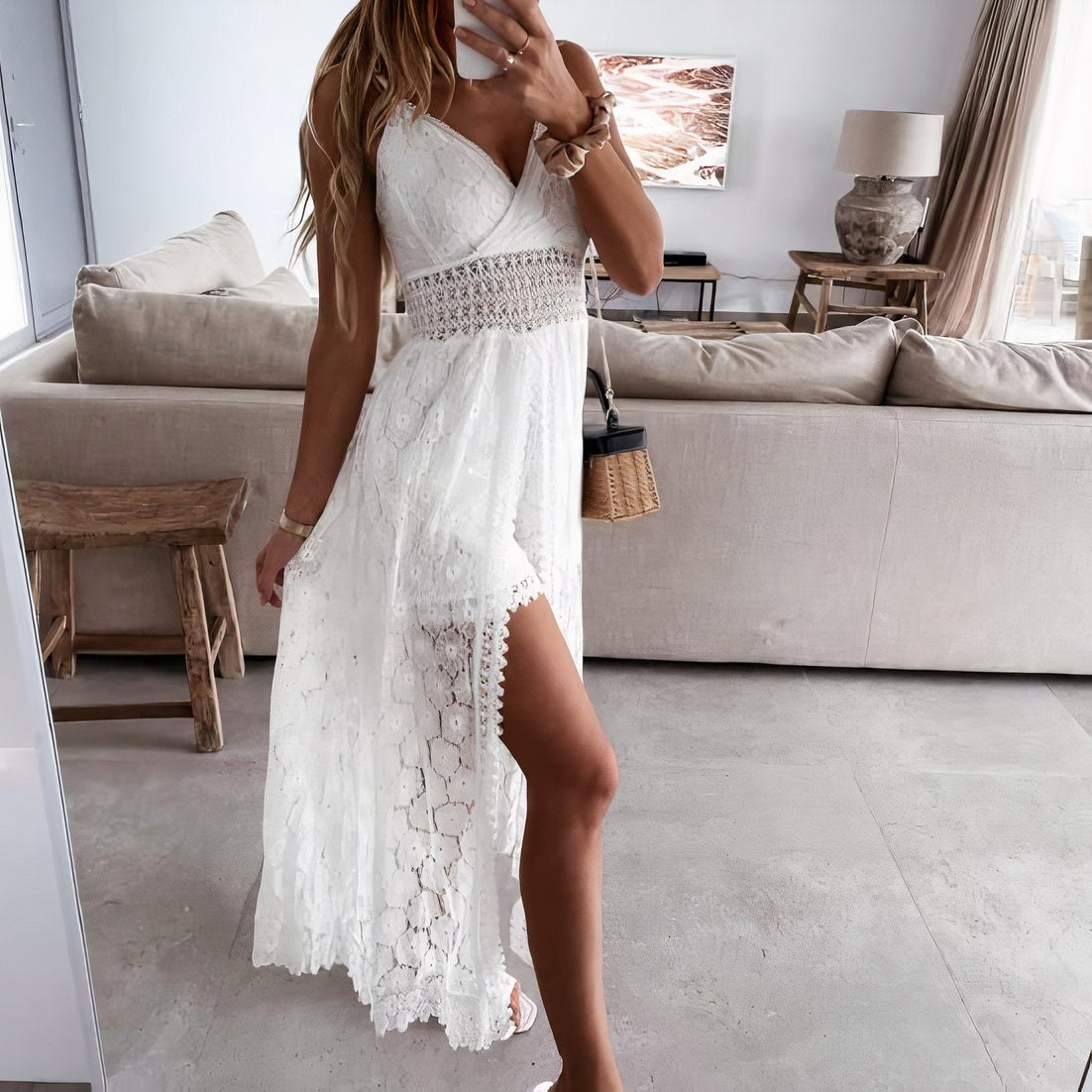 Lace Surplice Spaghetti Strap Romper Sheer Lace Overlay Maxi Dress - View 4
