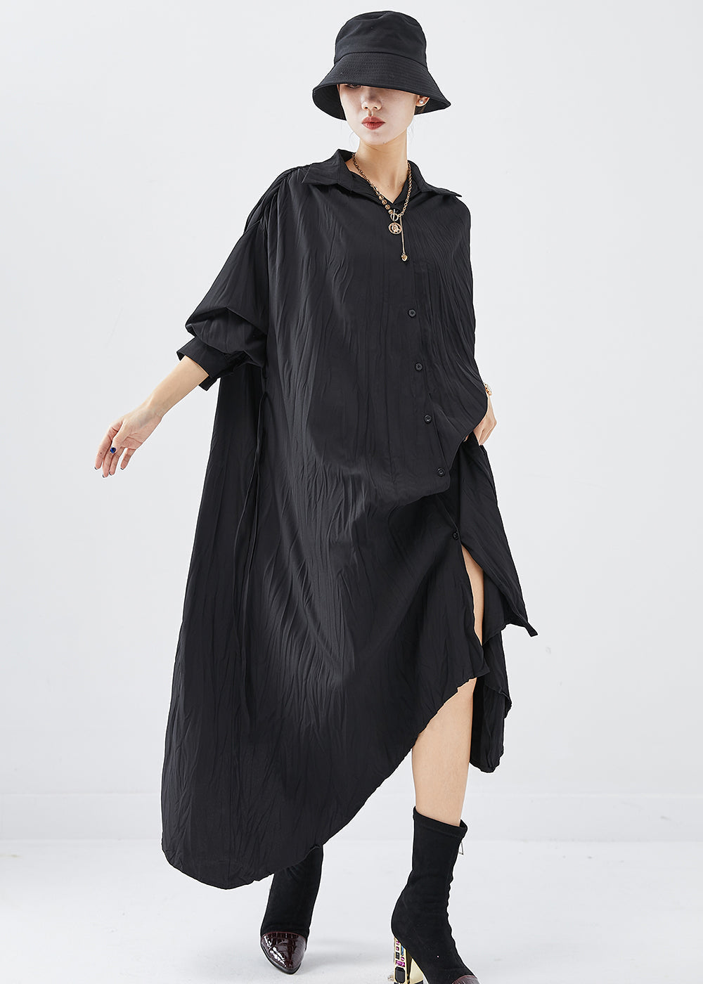 Crinkle Texture Collar Button Down Long Sleeve Shirt Dress - View 3