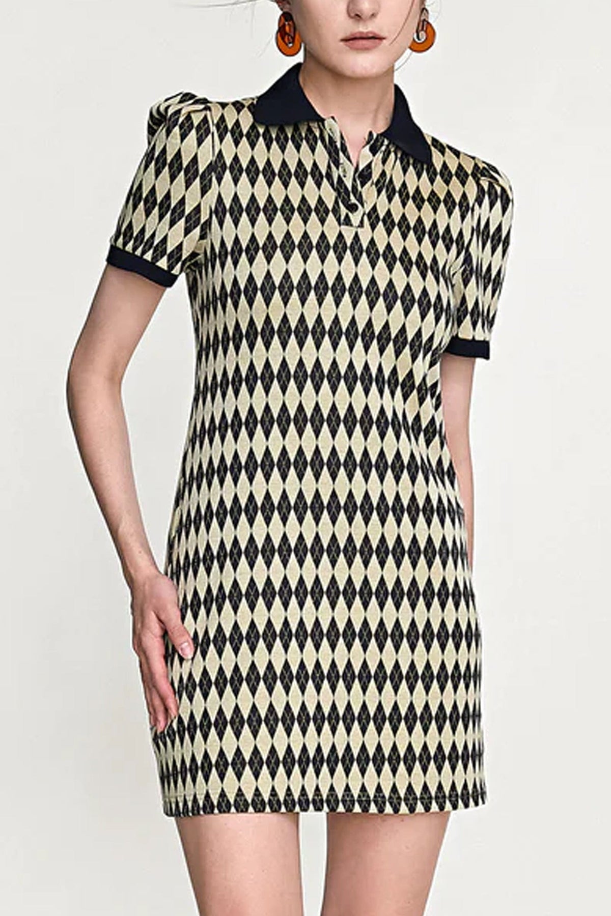 Argyle Knit Polo Collar Puff Sleeve Contrast Trim Mini Dress - View 7