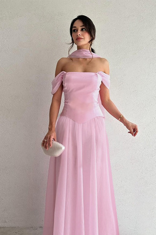 Satin Off Shoulder Choker Short Sleeve Corset A-Line Maxi Gown - View 4